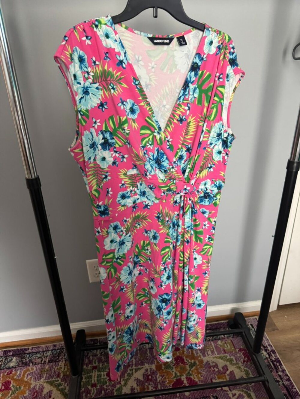 Lands' End XL 18 Pink Tropical Floral Twist Front Stretch Knit Dress